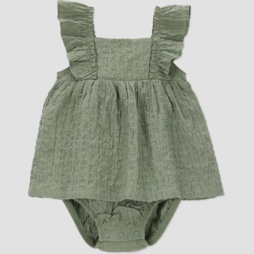 Carter's Just One You® Baby Girls' Seersucker Dress - Green 9M: Cotton Romper, Flutter Sleeve, Snap Closure