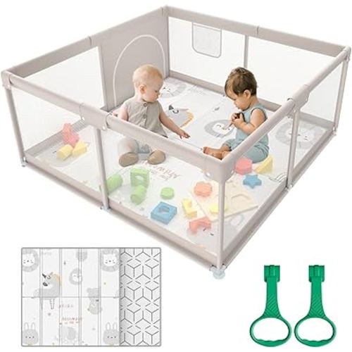 ZEEBABA Baby Playpen with Mat, 47x47 inch Playpen, Playpen for Babies and Toddlers, Small Baby Play Pens, Large Playpen for Toddler, Play Yard for Infants with 47" Play Mat, Playard with Gate