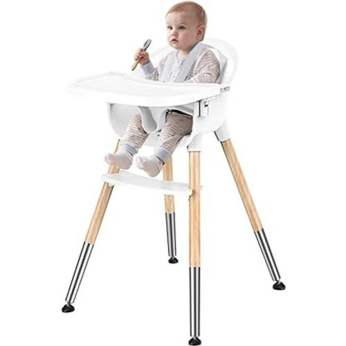 Bellababy Baby High Chair, Classic Wooden Baby High Chair for Babies & Toddlers, 5-Point Harness, Removable Tray, Ergonomic Seat Back, Easy to Assemble and Clean, Lightweight, White