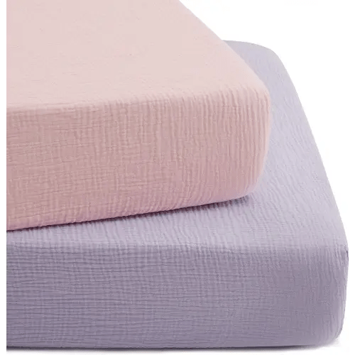 TILLYOU 2 Pack Muslin Crib Sheet for Boys and Girls - 100% Cotton Fitted Crib Sheet for Toddler Standard Crib Mattress, Soft and Breathable, 52"x28"x8",Light Purple&Light Pink
