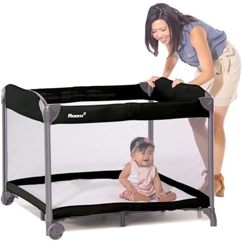 Joovy Room² Large Portable Playpen for Babies and Toddlers with Nearly 10 sq ft of Space, Large Mesh Windows for 360 View, and Waterproof Mattress Sheet - Folds Easily when Not in Use (Black)