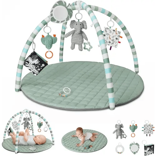 Blissful Diary Baby Play Gym Mat, Tummy Time Mat with 6 Detachable Toys for Stage-Based Sensory & Motor Skill Development, Baby Activity Mat Easy to Install & Clean, Baby Essentials Gift, Sage Green
