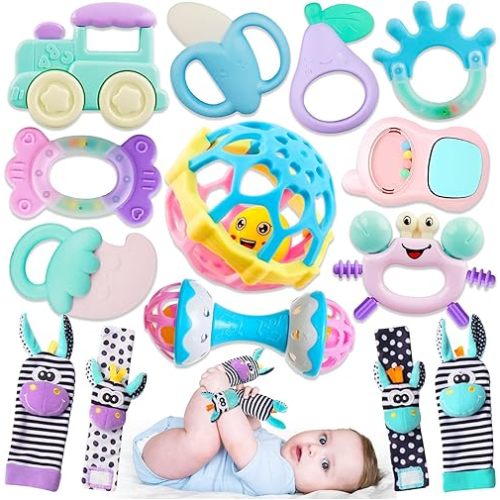 Baby Toys 0-6 Months - Baby Rattles Teething Toys 3-6 Month Infant Toys 6-12 Months Teether Toy 3 4 5 6 Month Old Newborn Essentials Must Haves Wrist Socks Toddler Stocking Stuffers Christmas Gifts
