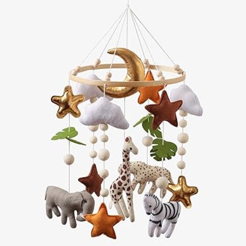 Moyii Baby Crib Mobile for Nursery - Handmade Felt Safari Animals Hanging Mobile - Giraffe Elephant Zebra Ceiling Decor for Boys Girls - Gold Moon Jungle - Newborn Baby Shower Gift