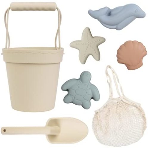 BLUE GINKGO Silicone Beach Toys - Modern Baby Beach Toys | Travel Friendly Beach Set | Silicone Bucket, Shovel, 4 Sand Molds, Beach Bag | Silicone Sand Toys for Toddlers, Kids - 7pc (Beige)