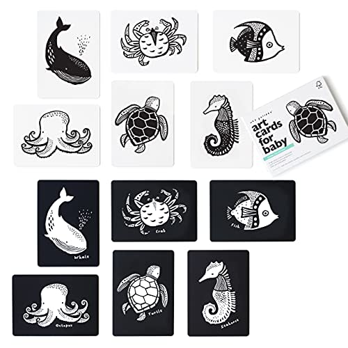 Wee Gallery Black and White Animal Art Cards for Babies, Durable High Contrast Vision Cards, Brain Development Educational Learning Tool for Newborn, Infant, Baby, Toddler - Ocean Animals