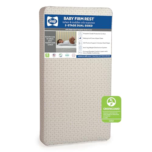 Sealy Baby Firm Rest Antibacterial 2-Stage Dual Firmness Waterproof Baby Crib Mattress & Toddler Bed Mattress, 204 Premium Coils, Medical-Grade Surface, Hypoallergenic, Made in USA, 52"X28"