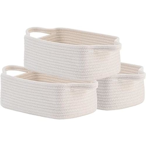 Small Woven Basket, 12 x 8 x 4.5 Inches, Small Storage Baskets for Organizing, Gift Baskets Empty, Cute Small Rope Shelf Closet Storage Bins Baskets for Shelves, Dog Toy Basket, 3 Packs, Off White