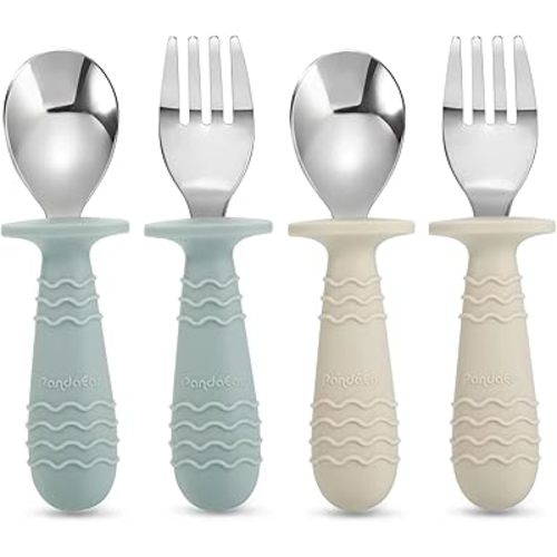 PandaEar 4 Set Baby Toddler Silicone Stainless Steel Utensils Silverware Spoon Fork for Baby Toddler BPA Free with Silicone Holding Anti-Choke Design
