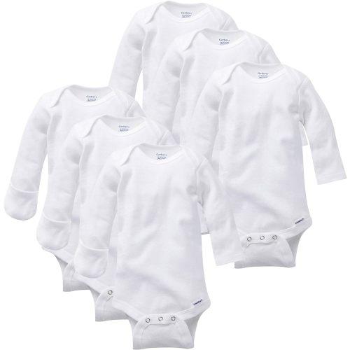 Gerber Long Sleeve Solid Onesies Bodysuit with Mitten Cuffs (6 Pack) - White, 0-3 M