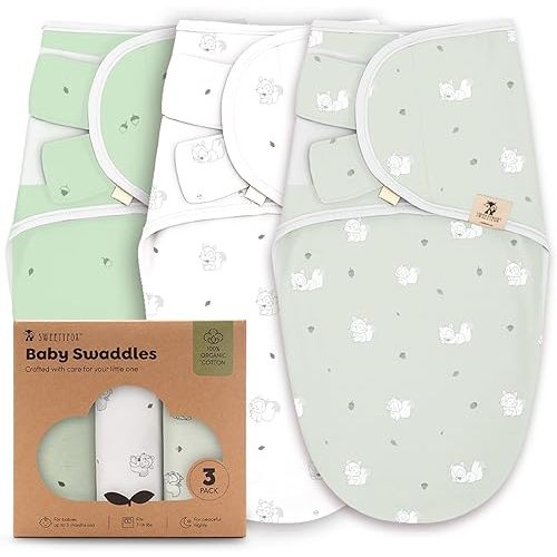 Sweety Fox 3-Pack Organic Baby Swaddle Sleep Sacks - Swaddles for Newborns, Infant 0-3 Months, Baby Girls, Boys, Soft & Snug Newborn Sleep Sack, Nursery Swaddling Blankets, Velcro Closure (Squirrel)
