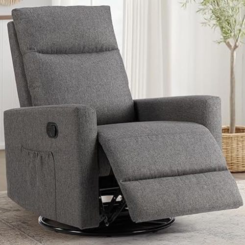 SMUG Swivel Recliner Chair, Nursery Massage Rocking Chairs, Glider Rocker Recliners for Living Room with Extra Large Footrest, High Back, Upholstered Deep Seat (Grey)