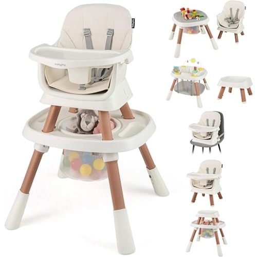 HONEY JOY 16-in-1 Baby High Chair, Convertible Highchair for Babies and Toddlers/Booster Seat/Activity Center with Toys, Building Block Table & Stool, Safety Harness, Removable Cushion & Tray (White)