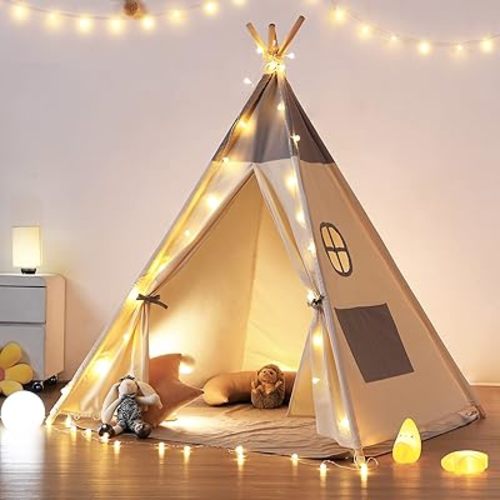 besrey B07PHKNL74Teepee Tent for Kids with Light & Mat, Kids Tents Indoor Play Tent Playhouse, Toddler Teepee 100% Cotton, tee Pee Tents for Kids Indoor, Christmas Kids Teepee,Children Room Tent