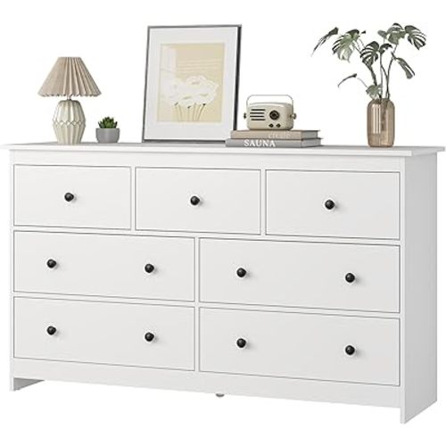 JOZZBY 7 Drawer Dresser for Bedroom, 55 Inch White Wooden Large Dresser with Golden Handles, Modern Chests of Deep Drawers Organizer for Home Office, Hallway