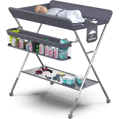 Baby Portable Changing Table - Foldable Changing Table with Wheels - Portable Diaper Changing Station - Adjustable Height Baby Changing Table-Safety Belt and Large Storage Rack for Infants
