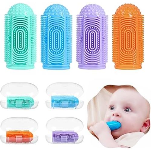 Baby Finger Toothbrush for Newborn 0-12 Month,4 Pcs Finger Tooth Brushing with 4 Case,Fully Encircled Silicone Bristle,Gum Tongue Tooth Brush,Infant Oral Cleaner (Blue-Green-Orange-Purple)