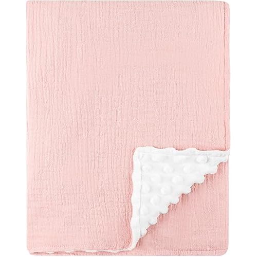 Muslin Baby Blanket for Girls, Hooyax Soft Pink Nursery Baby Blankets with Muslin Cotton Front and Dotted Fleece Backing Double Layer Warm Breathable Receiving Quilt Blankets for Newborn,30'' X 40''
