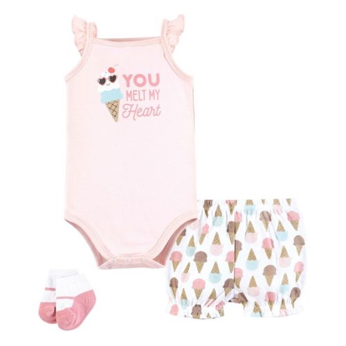 Hudson Baby Infant Girls Bodysuit, Short and Sock, Melt My Heart Ice Cream, 0-3 Months