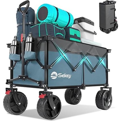Collapsible Wagon Cart with Big All-Terrain Beach Wheels, Foldable Heavy Duty Wagons with Cup Holders, Utility Carts for Camping, Garden, Outdoor, Grocery, Sports. Blue & Gray