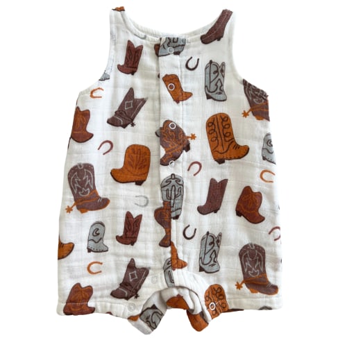 Muslin Shortie Romper, Cowboy Boots - Size 3-6 months