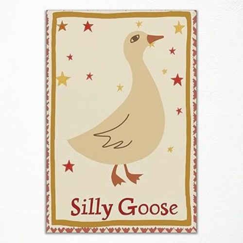 Cute Silly Goose Canvas Wall Art, Nursery Animal Poster Print, Yellow and Red Wall Art for Boys Girls Bedroom, Quirky Giant Goose Picture, Trendy Animal Painting for Kids Room 8x12in Unframed