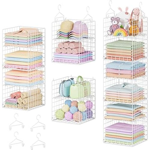6 Tier Raised-Height Hanging Closet Organizer, Stackable Sweater Organizer for Closet, Wire Storage Basket Bins for Clothes Purse Shoes, Hanging Shelves with 4 Hooks & 3 Dividers Adjustable