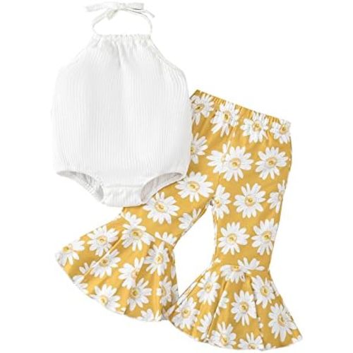 Kaipiclos Toddler Baby Girl Sleeveless Halter Ribbed Solid Romper Sunflower Floral Print Flare Bell Bottoms Pants Outfit