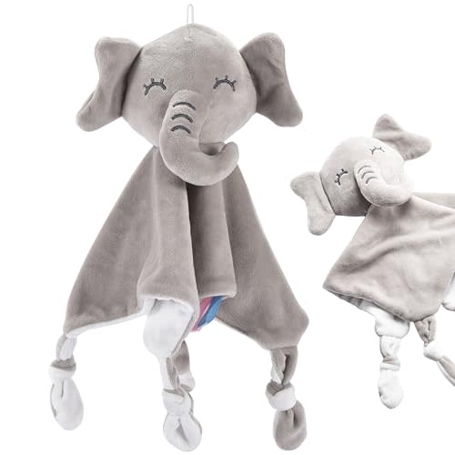 CHILDLIKE BEHAVIOR Baby Teether Blanket Grey Elephant 14''x14'' Lovey for Babies - Security Blankets for Babies - Ultra Soft Blanket Stuffed Animal Toy for Infants and Toddlers, knit baby blanket