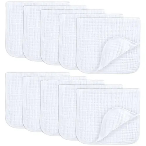Comfy Cubs Muslin Burp Cloths 20" x 10", Pack of 10 - Large, 6-Layer, Ultra Absorbent 100% Cotton for Baby Drool and Messes - Soft, Safe & Gentle Baby Burp Cloths for Boys & Girls - White