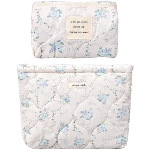 2 Pieces Floral Makeup Bag, Cute Travel Quilted Pouch Cosmetic Bag Organizer, Small Cotton Coquette Aesthetic Purse Toiletry Bag for Women Girls accessories (2PCS-Blue Floral)