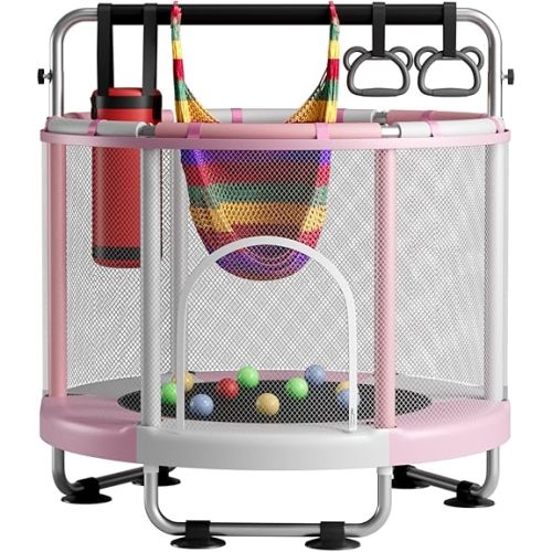 55" Trampoline for Kids with Enclosure, 440lbs Capacity Indoor & Outdoor Toddler Trampoline with Adjustable Gymnastics Bar & Toys, for Boys & Girls