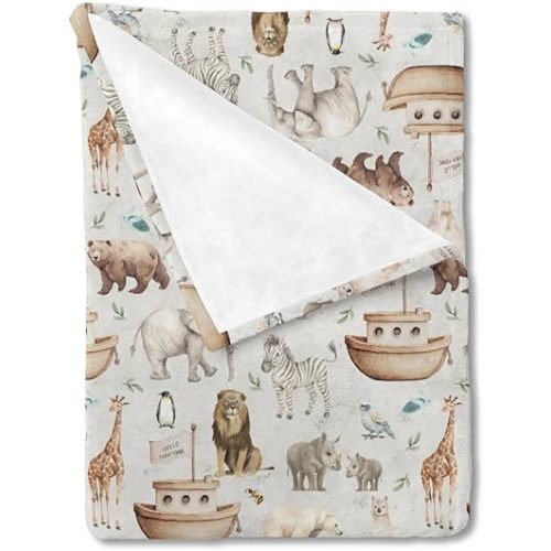 HawSkgFub Noah’s Ark Animal Boat Religious Baby Blankets Boy Girl Shower Gift, Elephant Bear Giraffe Ship Flannel Fleece Nursery Bed Receiving Swaddle, Soft Newborn Infant Toddler Crib Bedding 30 x 40