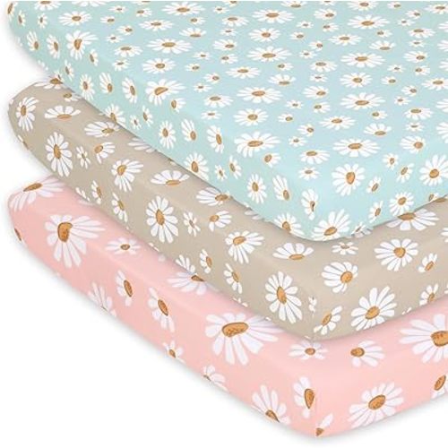 The Peanutshell 3-Pack Fitted Playard Sheets - Soft & Breathable Baby Girl Mini Crib Sheets, Pack N Play Mattress, Fits Standard Playard Pack Play Mattresses - Daisy Dreams