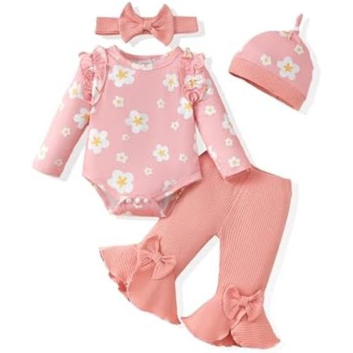 Newborn Baby Girl Clothes Infant Winter Fall Outfits Clothing Romper Ribbed Bell Bottoms Flared Pants Outfit Sets