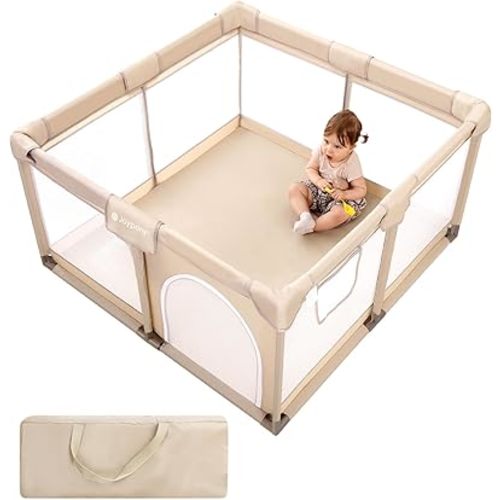 Baby Playpen, 50x50 in Small Play Pen for Babies and Toddlers, Playpen for Kids with Gate, Indoors Play Yard with Soft Breathable Mesh (Beige)
