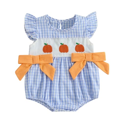 KMBANGI Infant Newborn Baby Girl Pumpkin Smocked Romper Flutter Sleeve Plaid Bow Onesie Bodysuit Baby Halloween Clothes 0-18M