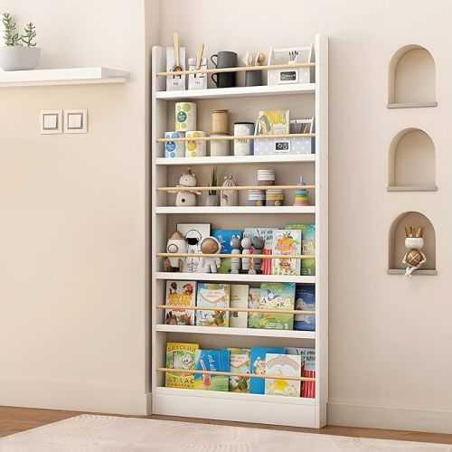 Book Shelf, Behind The Door Bookshelf, 3/4/5/6-Tier Behind The Door Shelf, Solid Wood Bookcase, Narrow Bookshelf for Kids, Space Saving, Book/Toy Organizer for Bedroom/Living Room/Office