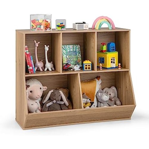Amazon.com: Costzon Toy Organizers and Storage with Bookshelf, Wooden 5 Cubby Children’s Book Shelf Toy Storage Cabinet Bookcase for Kids Room, Playroom, Kindergarten, Nursery (Natural) : Home & Kitchen