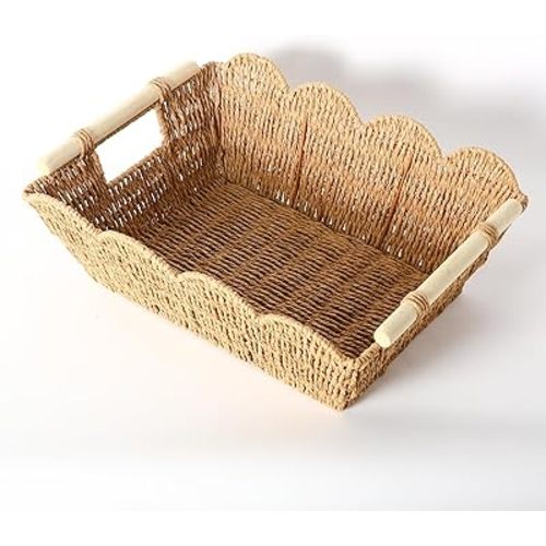 Scalloped Edge Basket with Wooden Handle, Water Hyacinth/Seagrass/Wicker Storage Baskets, Hand Woven Baskets for Shelves,Natural Baskets for Organizing