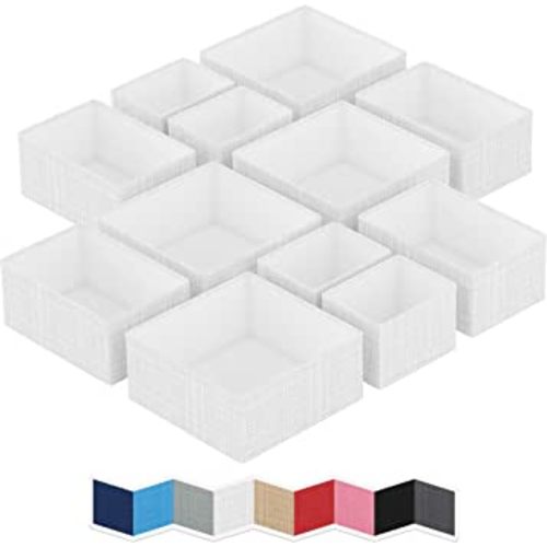 NEATERIZE Caddy - [Set Of 12] - Closet Organizer and Storage Baskets| Foldable Cloth Drawers Divider, Fabric Bin For Dresser & Shelves |Organize Underwear, Socks, Bra, & Tie's, White-Grey