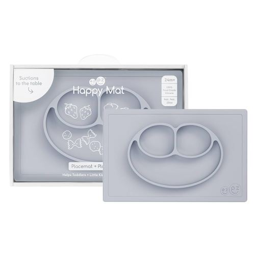 ezpz Happy Mat - 24 Months+ (Pewter) - 100% Silicone Suction Plate with Built-in Placemat for Toddlers + Preschoolers - Divided Toddler Plates - Toddler Essentials