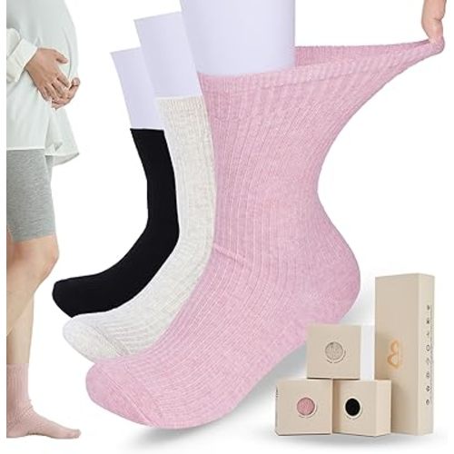 Maternity Socks for Pregnancy, Hospital, Diabetic, Non-Slip, Extra Wide for Swollen Feet, Breathable Cotton, Gift for Expecting Moms, 3-Pack (Beige, Pink, Black)