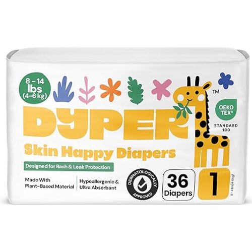 DYPER - Newborn Diapers Size 0 (34Count) - Plant Based Disposable Diapers for Day and Overnight Premium Leak Protection, Skin-Friendly Comfort with Soft Baby Diapers (>10 lbs)
