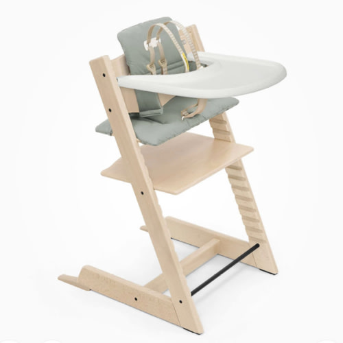 Tripp Trapp® High Chair and Cushion with Stokke Tray, Color: Natural, Glacier Green Cushion + Tray
