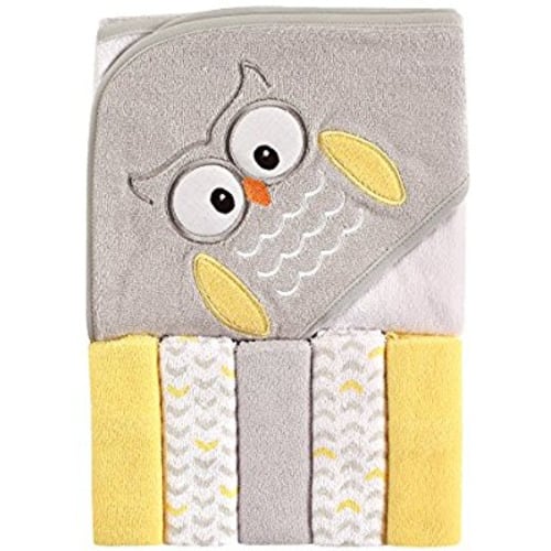 Luvable Friends Unisex Baby Hooded Towel with Five Washcloths, Owl, One Size