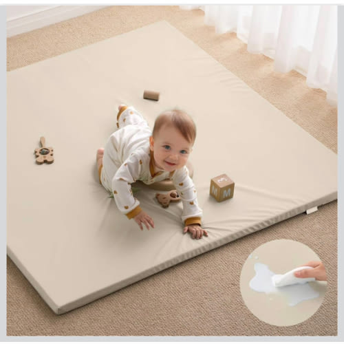 Blissful Diary Vegan Leather Baby Play Mat, 71x59 Thicken Foam Cushioned & Waterproof Playpen Mat for Infants and Toddlers, Stylish and Just Wipe-Clean Playmat for Baby Play on Floor, Taupe