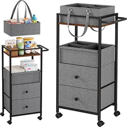 Baby Diaper Caddy Organizer Cart with Drawers - 3In1 Rolling Storage Cart with Wheels, Removable Diaper Caddy, Detachable Dividers - for Crib, Bedroom, Art & Craft Organizer (Black)