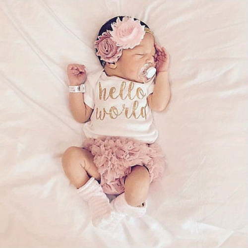 QUTETN 3pcs Newborn Baby Girl Hello World Romper Bodysuit Set - Cotton Blend with Ruffle Detail Cute Alphabet Pattern Regular Fit - Includes Bloomers Shorts & Headband for Outdoor