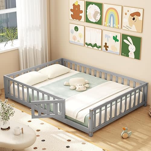 Giantex Full Size Floor Bed for Kids, Low Montessori Bed with Wood Slats & Safety Guardrails, Solid Wood Full Floor Beds with Fence and Door for Kids Boys Girls, Grey
